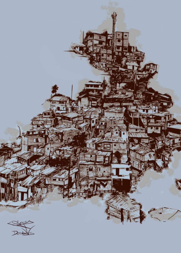 Barrio Altos de Virgen en la Comuna 13. Obra digital Sara de Colores